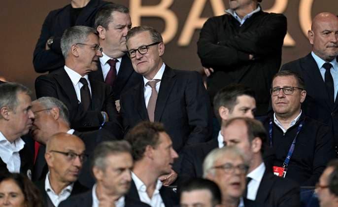 23 10 2024, Football UEFA Champions League 2024 2025, Matchday 3, FC Barcelona FC Bayern Munich, at Estadi Olimpic Lluis Companys Barcelona f l President Herbert Hainer FC Bayern , CEO Jan Christian Dreesen FC Bayern Munich and Manager Max Eberl FC Bayern Munich DFL and DFB regulations prohibit any use of photographs as image sequences and or quasi video