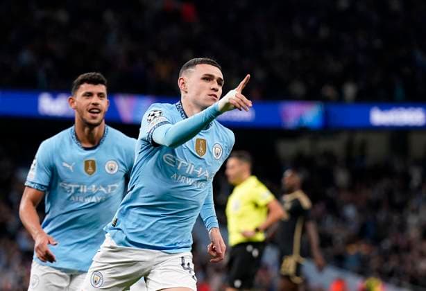 Manchester, England, 23rd October 2024. Phil Foden of Manchester City celebrates scoring his sides opening goal during the UEFA Champions League match at the Etihad Stadium, Manchester. Picture credit should read: Andrew Yates Sportimage EDITORIAL USE ONLY. No use with unauthorised audio, video, data, fixture lists, club league logos or live services. Online in-match use limited to 120 images, no video emulation. No use in betting, games or single club league player publications. SPI-3405-0020