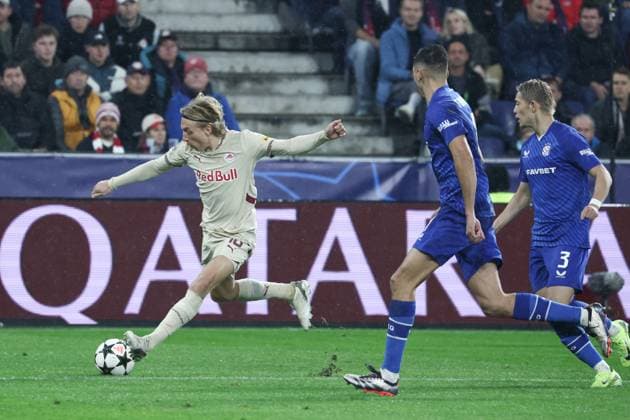 SOCCER - UEFA CL, RBS vs Zagreb SALZBURG,AUSTRIA,23.OCT.24 - SOCCER - UEFA Champions League, Red Bull Salzburg vs GNK Dinamo Zagreb. Image shows Mads Bidstrup (RBS).  GEPAxpictures xDavidxGeieregger