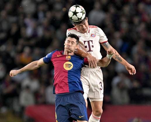 23 10 2024, Football UEFA Champions League 2024 2025, Matchday 3, FC Barcelona FC Bayern Munich, at Estadi Olimpic Lluis Companys Barcelona v l Robert Lewandowski FC Barcelona v Minjae Kim Bayern Munich DFL and DFB regulations prohibit any use of photographs as image sequences and or quasi video