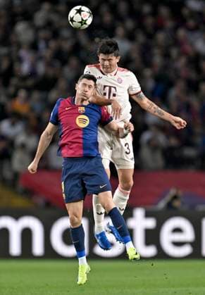 23 10 2024, Football UEFA Champions League 2024 2025, Matchday 3, FC Barcelona FC Bayern Munich, at Estadi Olimpic Lluis Companys Barcelona v l Robert Lewandowski FC Barcelona v Minjae Kim Bayern Munich DFL and DFB regulations prohibit any use of photographs as image sequences and or quasi video