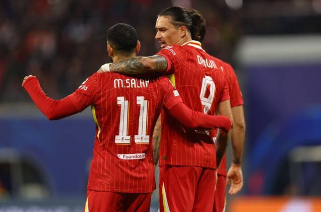 Darwin Nunez of Liverpool celebrates scoring a goal to make the score 0-1 with Mohamed Salah RB Leipzig v Liverpool, UEFA Champions League, Group Stage, Football, Red Bull Arena, Leipzig, Germany, 23 Oct 2024 EDITORIAL USE ONLY No use with unauthorised audio, video, data, fixture lists, club league logos or live services. Online in-match use limited to 120 images, no video emulation. No use in betting, games or single club league player publications.  Copyright: xKieranxMcManus Shutterstockx 14801646y