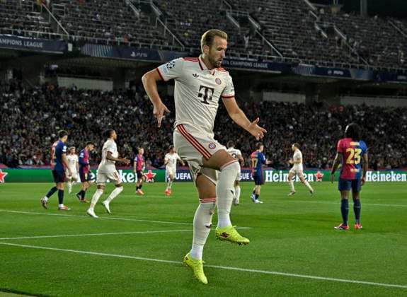23 10 2024, Football UEFA Champions League 2024 2025, Matchday 3, FC Barcelona FC Bayern Munich, at Estadi Olimpic Lluis Companys Barcelona Harry Kane FC Bayern Munich Goal celebration DFL and DFB regulations prohibit any use of photographs as image sequences and or quasi video