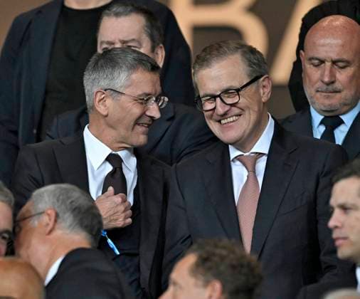 23 10 2024, Football UEFA Champions League 2024 2025, Matchday 3, FC Barcelona FC Bayern Munich, at Estadi Olimpic Lluis Companys Barcelona f l President Herbert Hainer FC Bayern and CEO Jan Christian Dreesen FC Bayern Munich are visibly enjoying themselves DFL and DFB regulations prohibit any use of photographs as image sequences and or quasi video