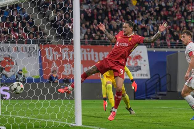 GER, Saxony, Leipzig, Champions League RB Leipzig vs Liverpool FC, CHL, UCL, Matchday, Season 2024 2025, RB Arena, f l in picture Darwin Nunez FC Liverpool 09 , Goal to 0 1, 23 10 2024, Copyright: HMBxMedia UwexKoch