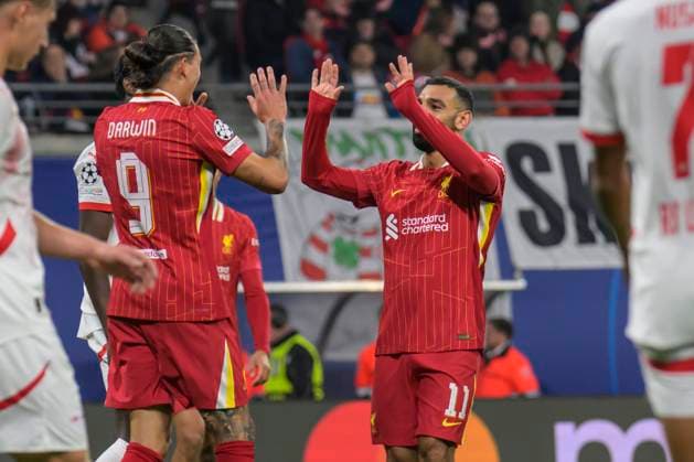 GER, Saxony, Leipzig, Champions League RB Leipzig v Liverpool FC, CHL, UCL, Matchday, Season 2024 2025, RB Arena, f l in picture Darwin Nunez FC Liverpool 09 , Mohamed Salah FC Liverpool 09 , goal, goal, cheering, goal celebration, joy, enthusiasm, celebrates, after Darwin Nunez FC Liverpool 09 , goal to 0 1, 23 10 2024, Copyright: HMBxMedia UwexKoch