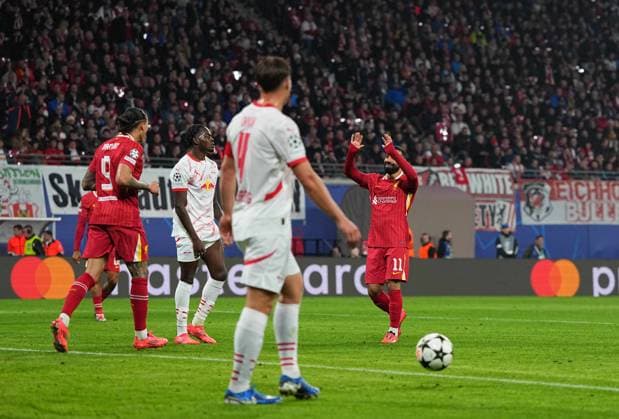 October 23 2024: Darwin NoÂºoÂ±ez of Liverpool celebrates the teams first goal during a Champions League Group Phase day 3 game, RB Leipzig vs Liverpool, at Red Bull Arena, Leipzig, Germany. CSM Leipzig Germany - ZUMAc04_ 20241023_zma_c04_005 Copyright: xUlrikxPedersenx