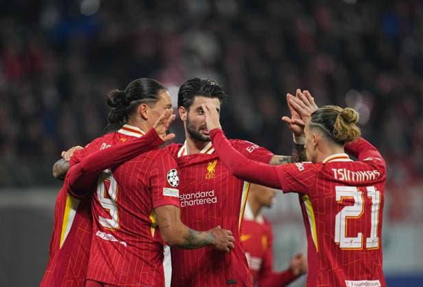 October 23 2024: Darwin NoÂºoÂ±ez of Liverpool celebrates the teams first goal during a Champions League Group Phase day 3 game, RB Leipzig vs Liverpool, at Red Bull Arena, Leipzig, Germany. CSM Leipzig Germany - ZUMAc04_ 20241023_zma_c04_006 Copyright: xUlrikxPedersenx