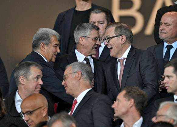 23 10 2024, Football UEFA Champions League 2024 2025, Matchday 3, FC Barcelona FC Bayern Munich, at Estadi Olimpic Lluis Companys Barcelona President Herbert Hainer FC Bayern and CEO Jan Christian Dreesen FC Bayern Munich DFL and DFB regulations prohibit any use of photographs as image sequences and or quasi video