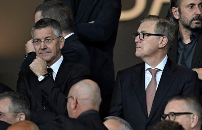 23 10 2024, Football UEFA Champions League 2024 2025, Matchday 3, FC Barcelona FC Bayern Munich, at Estadi Olimpic Lluis Companys Barcelona f l President Herbert Hainer FC Bayern and CEO Jan Christian Dreesen FC Bayern Munich DFL and DFB regulations prohibit any use of photographs as image sequences and or quasi video