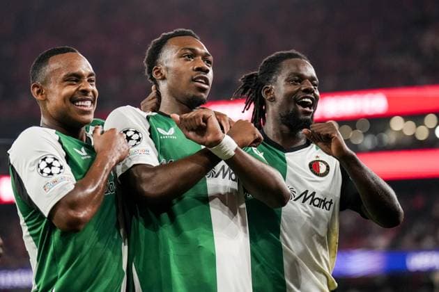 UEFA Champions League: SL Benfica v Feyenoord Lisbon - Igor Paixao of Feyenoord, Antoni Milambo of Feyenoord, Jordan Lotomba of Feyenoord during the third round of new format of the UEFA Champions League 2024 2025. The match is set between SL Benfica and Feyenoord at Estadio da Luz on 23 October 2024 in Lisbon, Portugal. Copyright: xYannickxVerhoevenx