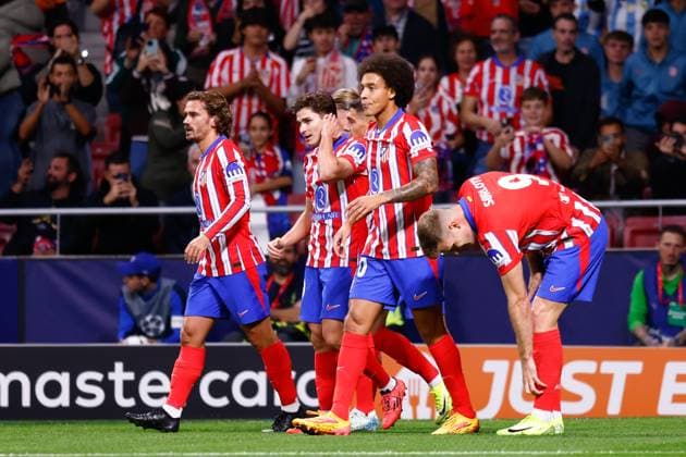 October 23, 2024, Madrid, Madrid, SPAIN: Julian Alvarez of Atletico de Madrid celebrates a goal with teammates during the UEFA Champions League 2024 25 League Phase MD3 match between Atletico de Madrid and LOSC Lille at Riyadh Air Metropolitano stadium on October 23, 2024 in Madrid, Spain. Madrid SPAIN - ZUMAa181 20241023_zaa_a181_033 Copyright: xDennisxAgyemanx