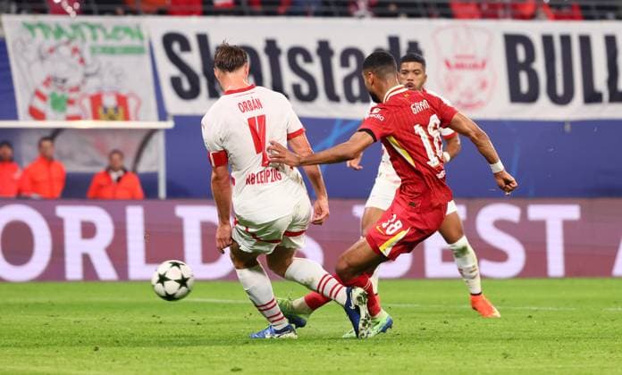 RB Leipzig Liverpool Champions League Leipzig, 23 10 2024, Red Bull Arena, Football, UEFA Champions League, Matchday 3 , RB Leipzig vs Liverpool FC , In the picture Scoring chance for Liverpool Willi Orban 4, RB Leipzig , Cody Gakpo 18, Liverpool , For editorial use only Only editorial use , UEFA regulations prohibit any use of photographs as image sequences and or quasi video ,