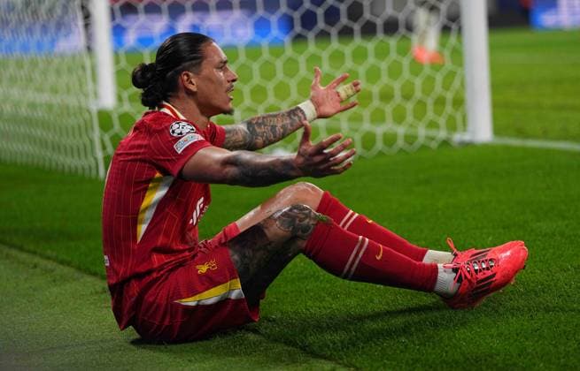October 23 2024: Darwin NoÂºoÂ±ez of Liverpool gestures during a Champions League Group Phase day 3 game, RB Leipzig vs Liverpool, at Red Bull Arena, Leipzig, Germany. CSM Leipzig Germany - ZUMAc04_ 20241023_zma_c04_010 Copyright: xUlrikxPedersenx