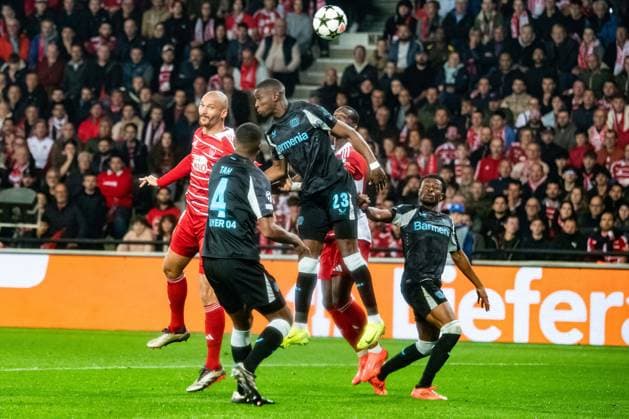 Ludovic Ajorque (Stade Brestois) Nordi Mukiele (Bayer Leverkusen) FOOTBALL : Stade Brestois vs Bayer Leverkusen - Ligue des Champions - 3ére Journée - 23 10 2024 BaptisteAutissier Panoramic 