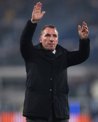 Bergamo, Italy, 23rd October 2024. Brendan Rodgers Head coach of Celtic salutes the fans following the final whistle of the UEFA Champions League match at Stadio di Bergamo, Bergamo. Picture credit should read: Jonathan Moscrop Sportimage EDITORIAL USE ONLY. No use with unauthorised audio, video, data, fixture lists, club league logos or live services. Online in-match use limited to 120 images, no video emulation. No use in betting, games or single club league player publications. SPI-3389-0038