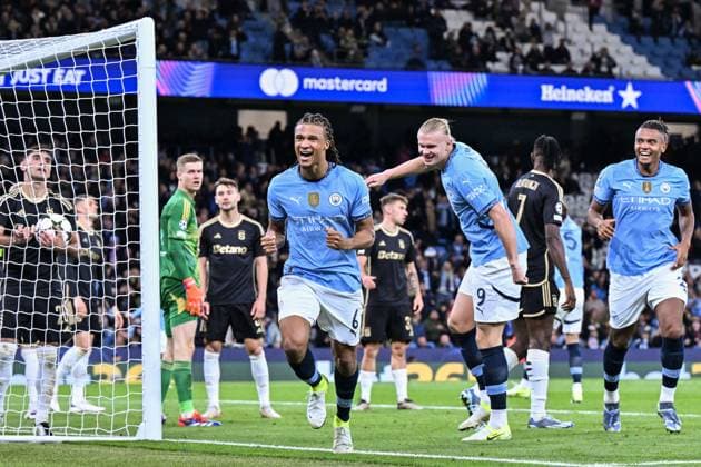 UEFA Champions League, League Stage Manchester City v Sparta Prague Nathan AkÃ of Manchester City celebrates his goal to make it 2-0 which is disallowed for handball during the UEFA Champions League, League Stage Manchester City v Sparta Prague at Etihad Stadium, Manchester, United Kingdom, 23rd October 2024 (Photo by Cody Froggatt News Images) Manchester Etihad Stadium Manchester United, ManU Kingdom Copyright: xCodyxFroggatt NewsxImagesx