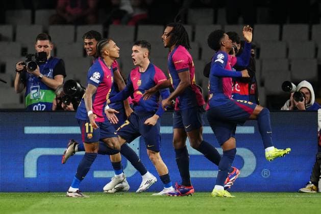 ESP: FC Barcelona, Barca and Bayern Munich. UEFA Champions League. Date 3. Raphael Dias Belloli Raphinha of FC Barcelona celebrates after scoring goal during the UEFA Champions League match between FC Barcelona and Bayern Munich played at Lluis Companys Stadium on October 23, 2024 in Barcelona, Spain. kpng Copyright: xBaguxBlancox xPRESSINPHOTOx PS_241023_BAR_BAY_1189
