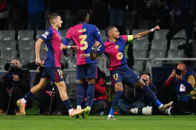 ESP: FC Barcelona, Barca and Bayern Munich. UEFA Champions League. Date 3. Raphael Dias Belloli Raphinha of FC Barcelona celebrates after scoring goal during the UEFA Champions League match between FC Barcelona and Bayern Munich played at Lluis Companys Stadium on October 23, 2024 in Barcelona, Spain. kpng Copyright: xBaguxBlancox xPRESSINPHOTOx PS_241023_BAR_BAY_1192