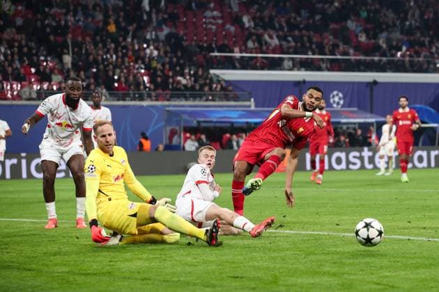 Goalkeeper Peter Gulacsi RB Leipzig,1 and Arthur Vermeeren RB Leipzig,18 vs Cody Galpko Liverpool FC,18 Champions League league phase season 2024 2025 RB Leipzig vs Liverpool FC at the Red Bull Arena in Leipzig Action,Football,Germany,Man,Men,23 10 2024