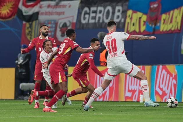 Xavi Simons RB Leipzig,10 and Benjamin Sesko RB Leipzig,30 vs Trent Alexander Arnold Liverpool FC,66 and Mohamed Salah Liverpool FC,11 Champions League league phase season 2024 2025 RB Leipzig vs Liverpool FC at the Red Bull Arena in Leipzig Action,Football,Germany,Man,Men,23 10 2024