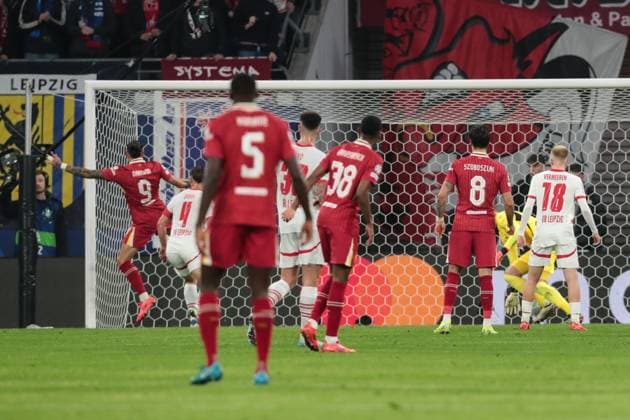 Goalscorer Darwin Nunez Liverpool FC,9 scores to 0 1 Champions League league phase season 2024 2025 RB Leipzig vs Liverpool FC at the Red Bull Arena in Leipzig action,football,Germany,man,men,23 10 2024
