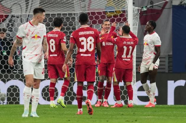 Goal celebration goal scorer Darwin Nunez Liverpool FC,9 scores to 0 1 Champions League league phase season 2024 2025 RB Leipzig vs Liverpool FC at the Red Bull Arena in Leipzig action,football,Germany,man,men,23 10 2024