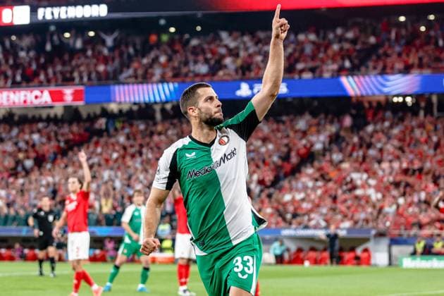 LISBON, Estadio da Luz, 23-10-2024 , season 2024 2025 , UEFA Champions League. during the match Benfica - Feyenoord, Feyenoord player David Hancko celebrating the 0-3, goal has been canceled by the VAR Benfica - Feyenoord  x26547089x Copyright: