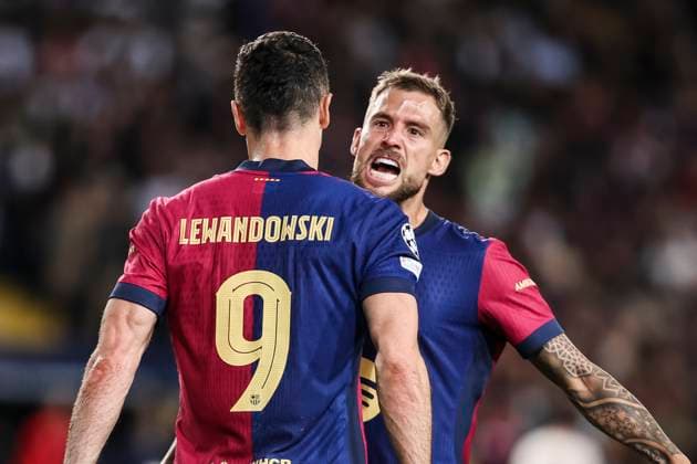 October 23, 2024, Barcelona, Barcelona, SPAIN: Robert Lewandowski of FC Barcelona, Barca celebrates a goal with Inigo Martinez during the UEFA Champions League 2024 25 League Phase MD3 match between FC Barcelona and FC Bayern Munchen at Estadi Olimpic Lluis Companys on October 23, 2024 in Barcelona, Spain. Barcelona SPAIN - ZUMAa181 20241023_zaa_a181_071 Copyright: xJavierxBorregox