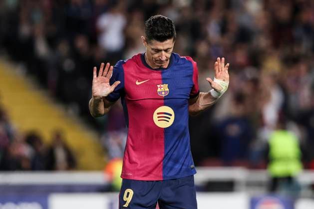 Sport Bilder des Tages October 23, 2024, Barcelona, Barcelona, SPAIN: Robert Lewandowski of FC Barcelona, Barca apologises after scoring goal during the UEFA Champions League 2024 25 League Phase MD3 match between FC Barcelona and FC Bayern Munchen at Estadi Olimpic Lluis Companys on October 23, 2024 in Barcelona, Spain. Barcelona SPAIN - ZUMAa181 20241023_zaa_a181_076 Copyright: xJavierxBorregox