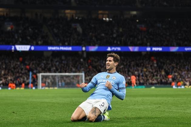 UEFA Champions League, League Stage Manchester City v Sparta Prague John Stones of Manchester City celebrates his goal to make it 3-0 during the UEFA Champions League, League Stage Manchester City v Sparta Prague at Etihad Stadium, Manchester, United Kingdom, 23rd October 2024 (Photo by Mark Cosgrove News Images) Manchester Etihad Stadium Manchester United, ManU Kingdom Copyright: xMarkxCosgrove NewsxImagesx