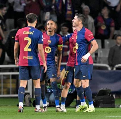 23 10 2024, Football UEFA Champions League 2024 2025, Matchday 3, FC Barcelona FC Bayern Munich, at Estadi Olimpic Lluis Companys Barcelona v l Pau Cubarsi FC Barcelona , Raphinha FC Barcelona and Robert Lewandowski FC Barcelona DFL and DFB regulations prohibit any use of photographs as image sequences and or quasi video