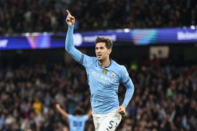 UEFA Champions League, League Stage Manchester City v Sparta Prague John Stones of Manchester City celebrates his goal to make it 3-0 during the UEFA Champions League, League Stage Manchester City v Sparta Prague at Etihad Stadium, Manchester, United Kingdom, 23rd October 2024 (Photo by Mark Cosgrove News Images) Manchester Etihad Stadium Manchester United, ManU Kingdom Copyright: xMarkxCosgrove NewsxImagesx