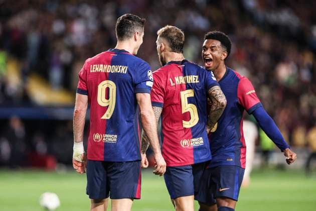 October 23, 2024, Barcelona, Barcelona, SPAIN: Robert Lewandowski of FC Barcelona, Barca celebrates a goal with Inigo Martinez and Alejandro Balde during the UEFA Champions League 2024 25 League Phase MD3 match between FC Barcelona and FC Bayern Munchen at Estadi Olimpic Lluis Companys on October 23, 2024 in Barcelona, Spain. Barcelona SPAIN - ZUMAa181 20241023_zaa_a181_072 Copyright: xJavierxBorregox