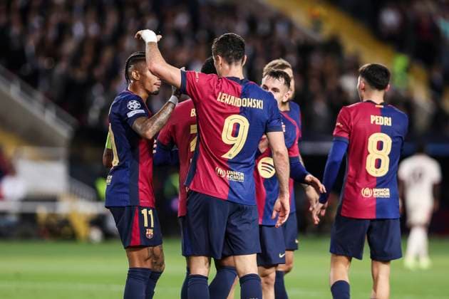 October 23, 2024, Barcelona, Barcelona, SPAIN: Robert Lewandowski of FC Barcelona, Barca celebrates a goal with his teammates during the UEFA Champions League 2024 25 League Phase MD3 match between FC Barcelona and FC Bayern Munchen at Estadi Olimpic Lluis Companys on October 23, 2024 in Barcelona, Spain. Barcelona SPAIN - ZUMAa181 20241023_zaa_a181_073 Copyright: xJavierxBorregox
