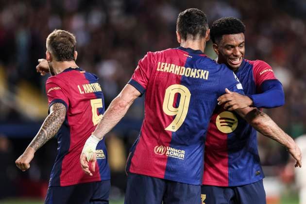 October 23, 2024, Barcelona, Barcelona, SPAIN: Robert Lewandowski of FC Barcelona, Barca celebrates a goal with Inigo Martinez and Alejandro Balde during the UEFA Champions League 2024 25 League Phase MD3 match between FC Barcelona and FC Bayern Munchen at Estadi Olimpic Lluis Companys on October 23, 2024 in Barcelona, Spain. Barcelona SPAIN - ZUMAa181 20241023_zaa_a181_078 Copyright: xJavierxBorregox