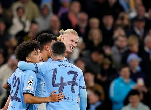 Manchester, England, 23rd October 2024. Erling Haaland of Manchester City celebrates scoring his sides fourth goal during the UEFA Champions League match at the Etihad Stadium, Manchester. Picture credit should read: Andrew Yates Sportimage EDITORIAL USE ONLY. No use with unauthorised audio, video, data, fixture lists, club league logos or live services. Online in-match use limited to 120 images, no video emulation. No use in betting, games or single club league player publications. SPI-3405-0053