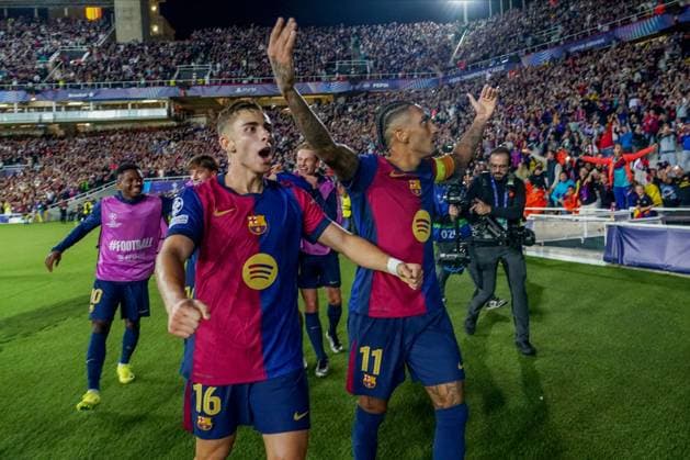 Raphael Dias Belloli Raphinha of FC Barcelona, Barca celebrates after scoring the 4-1 FC Barcelona v Bayern Munich, UEFA Champios League match, date 3. Football, Lluis Companys Stadium, Barcelona, Spain - 23 Oct 2024 Editorial use only  Copyright: xPressinphoto Shutterstockx 14811401ag