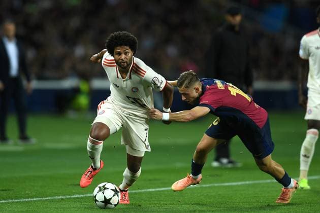 FC Barcelona, Barca v FC BAYERN MUNCHEN OLIMPIC STADIUM LLUIS COMPANYS. MONTJUIC,BARCELONA. OCTOBER 23,2024 FC BARCELONA vs FC BAYERN MUNCHEN October 23,2024 Serge Gnabry (7) of FC Bayern München vies with Fermin Lopez (16) of FC Barcelona during the UEFA Champions League 2024 25 League Phase MD4 match between FC Barcelona and FC Bayern Munchen at Olimpic Stadium Lluis Companys of MontjuÃ¯c in Barcelona, Spain. Barcelona ESP Copyright: xS.xRosx