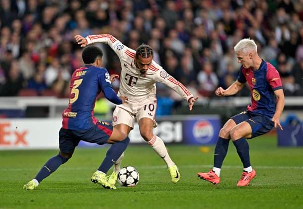 23 10 2024, Football UEFA Champions League 2024 2025, Matchday 3, FC Barcelona FC Bayern Munich, at Estadi Olimpic Lluis Companys Barcelona v l Alejandro Balde FC Barcelona v Leroy Sane Bayern Munich DFL and DFB regulations prohibit any use of photographs as image sequences and or quasi video