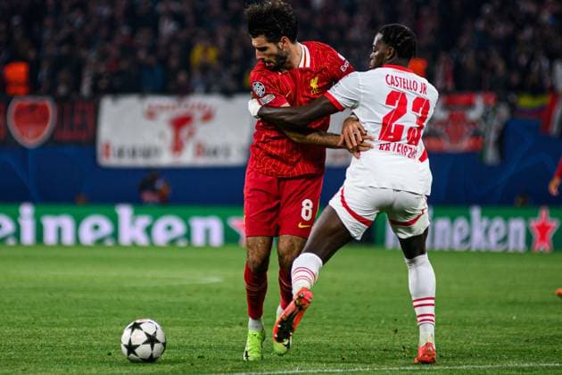 LEIPZIG, GERMANY - 23 OCTOBER, 2024: Dominik Szoboszlai, Castello Lukeba, The match of UEFA Champions League RB Leipzig vs FC Liverpool at Red Bull Arena  Copyright: xVITALIIxVITLEOx
