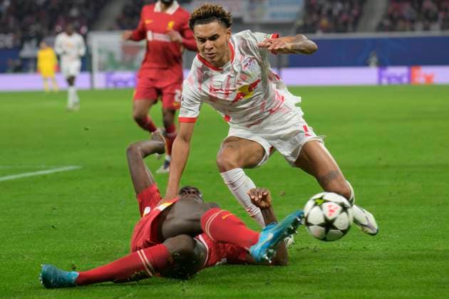 GER, Saxony, Leipzig, Champions League RB Leipzig vs Liverpool FC, CHL, UCL, Matchday, Season 2024 2025, RB Arena, f l in picture Ibrahima Konate FC Liverpool 09 , Antonio Nusa RB Leipzig 07 , duel, action, fight, fights for the ball, 23 10 2024, Copyright: HMBxMedia UwexKoch