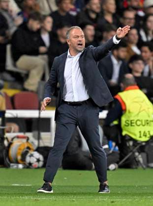 23 10 2024, Football UEFA Champions League 2024 2025, Matchday 3, FC Barcelona FC Bayern Munich, at Estadi Olimpic Lluis Companys Barcelona Coach Hansi Flick FC Barcelona gesticulates DFL and DFB regulations prohibit any use of photographs as image sequences and or quasi video