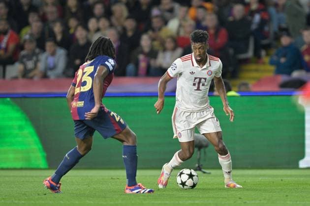 Jules Kounde 23 FC Barcelona , Kingsley Coman 11 FC Bayern Muenchen , FC Barcelona vs FC Bayern Muenchen, Champions League, Soccer, Matchday 3, 23 10 2024 Barcelona Catalonia Spain Copyright: xkolbert-press FelipexMondinox
