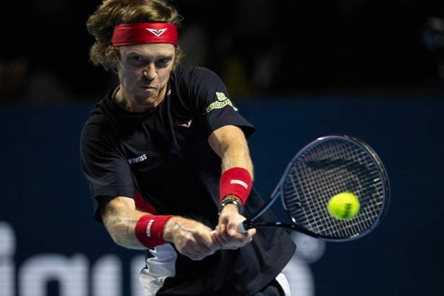 23rd October 2024; St. Jakobshalle, Basel, Switzerland; ATP, Tennis Herren 500 Swiss Indoors Basel Tennis, Day 3; Andrey Rublev (RUS) in action against Alejandro Tabilo (CHI) in the second round  ActionPlus12706706 DavidxEmm