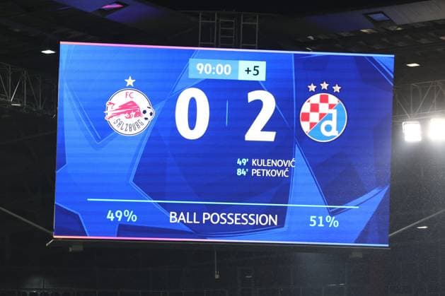 SOCCER - UEFA CL, RBS vs Zagreb SALZBURG,AUSTRIA,23.OCT.24 - SOCCER - UEFA Champions League, Red Bull Salzburg vs GNK Dinamo Zagreb. Image shows the scoreboard after fulltime.  GEPAxpictures xDavidxGeieregger