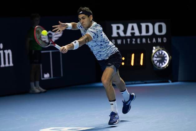 23rd October 2024; St. Jakobshalle, Basel, Switzerland; ATP, Tennis Herren 500 Swiss Indoors Basel Tennis, Day 3; Alejandro Tabilo (CHI) in action against Andrey Rublev (RUS) in the second round  ActionPlus12706720 DavidxEmm