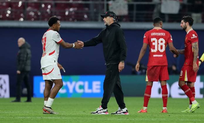 Lois Openda, coach Marco Rose disappointed after the end of the game Disappointment Sport Football Soccer UEFA Champions League UCL Men 3 Matchday Season 2024 2025 23 10 2024 Rasen Ballsport RB Leipzig RBL vs Liverpool FC LFC DFL regulations prohibit any use of photographs as image sequences and or quasi video