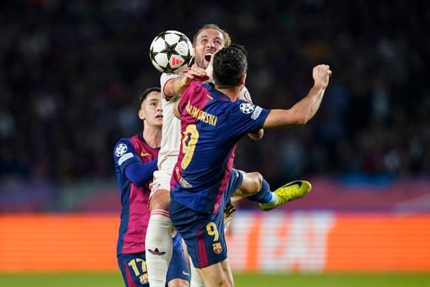 Sport Bilder des Tages ESP: FC Barcelona, Barca and Bayern Munich. UEFA Champions League. Date 3. Harry Kane of Bayern Munich and Robert Lewandowski of FC Barcelona during the UEFA Champions League match between FC Barcelona and Bayern Munich played at Lluis Companys Stadium on October 23, 2024 in Barcelona, Spain. kpng Copyright: xSergioxRuizx xImagox PS_241023_BAR_BAY_052