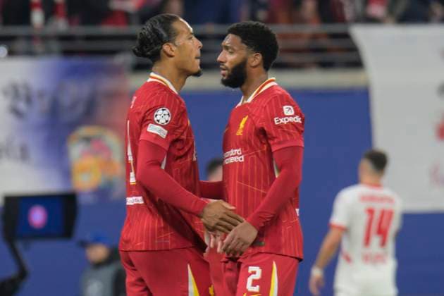 GER, Saxony, Leipzig, Champions League RB Leipzig vs Liverpool FC, CHL, UCL, Matchday, Season 2024 2025, RB Arena, f l in picture Virgil van Dijk FC Liverpool 09 , Joe Gomez FC Liverpool 09 , Final score 0 1, 23 10 2024, Copyright: HMBxMedia UwexKoch